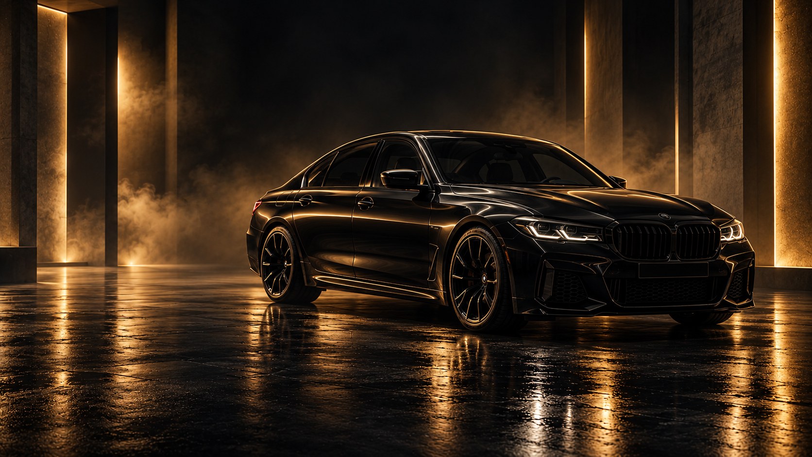 Black executive car in a dark studio